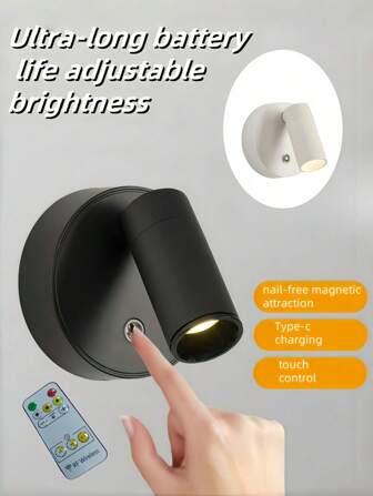 1pc ABS/Aluminum Alloy Material Wireless USB Charging 2-In-1 Wall Lamp, Touch Dimming 3-Color Adjustable, 350° Rotation & 90° Up/Down, Magnetic Absorption, Cordless Night Light, Suitable For Bedroom, Reading, Decorative Lighting