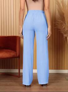 Women's High Waist Wide Leg Pants With Pockets - Màu xanh lam - Xem 2