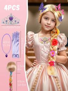 4 piezas/set Peluca rizada larga roja de princesa con accesorios joyería de temática de sirena (peluca, corona, guantes, cetro), perfecta para fiestas de cumpleaños, accesorios de disfraz de princesa para actuaciones, ideal para regalos de niñas