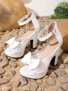 2024 Summer New White High Heel Shoes With Bowknot For Women, Waterproof Platform Thick-Heeled Roman Sandals