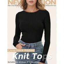 Women's Long Sleeve Crewneck Sweater 2024 Fall Ribbed Knit Fitted Shirts Slim Solid Pullovers Basic Casual Tee Tops - 黑色 - 查看 5