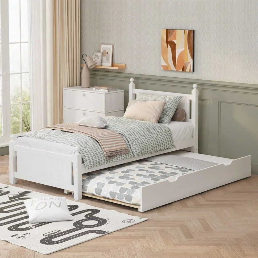 Twin Size Solid Wood Platform Bed Frame With Trundle For Limited Space