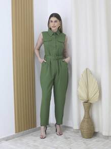 Sleeveless Button-Down Jumpsuit With Belt And Pocket Straight Pants 6836 - màu xanh lá - Xem 1