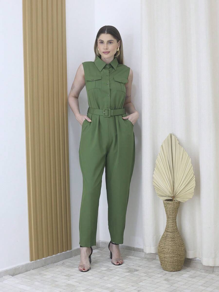 Sleeveless Button-Down Jumpsuit With Belt And Pocket Straight Pants 6836 - màu xanh lá - Xem 1