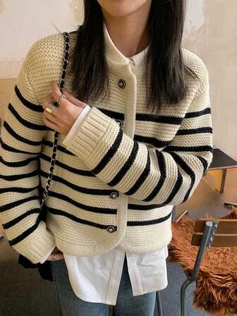 女士休闲落肩长袖条纹针织开衫，秋冬