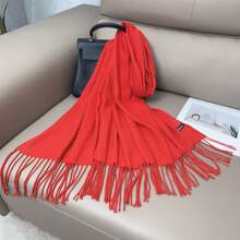 1 pieza Bufanda de mujer de un solo color de cachemir falso, cálida envuelta decorada con borlas, de longitud media para Navidad invierno