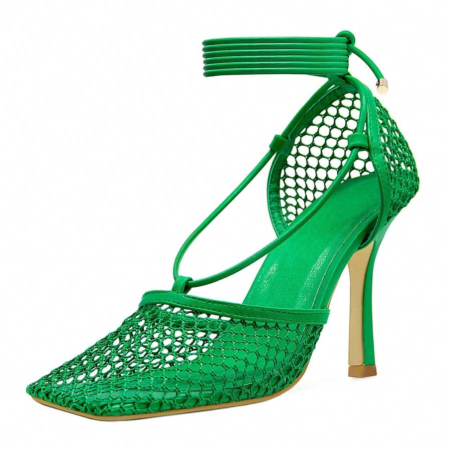 Tacones de aguja de malla con puntera cuadrada para mujer MUCCCUTE, sandalias sexy de tacón alto con cordones envolventes, color blanco 10cm - Verde - Ver 1