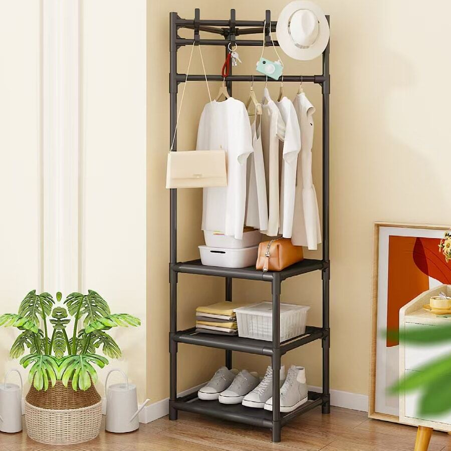 Estante para Ropa de Esquina con 3 Niveles - Perchero de Pie, Closet Organizador de Ropa, Closet Organizador de Ropa Multifunción,  closet armables para ropa Perchero de Piso Moderno de Metal Percha Multifuncional con Función de Almacenamiento para Pasillos Dormitorios Apartamento Sala de Estar Oficina Dormitorio y Lavandería - Negro - Ver 1
