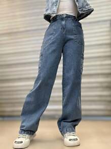High Waisted Cargo Jeans Wide Leg Jeans - Blue - View 5