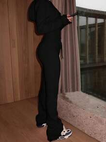 Street Style Hoodie Zip-Up Cardigan & Drawstring Waist Casual Sweatpants Set - Black - View 7