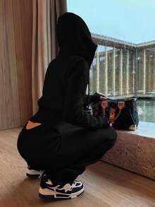 Street Style Hoodie Zip-Up Cardigan & Drawstring Waist Casual Sweatpants Set - Black - View 9