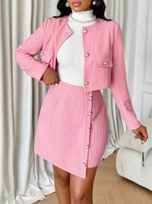 AIJ Amarilo Women's Autumn/Winter Tweed Button-Up Short Jacket And Button Mini Skirt 2 Pieces Set - Pink - View 5