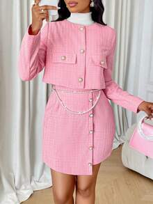 AIJ Amarilo Women's Autumn/Winter Tweed Button-Up Short Jacket And Button Mini Skirt 2 Pieces Set - Pink - View 6