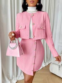AIJ Amarilo Women's Autumn/Winter Tweed Button-Up Short Jacket And Button Mini Skirt 2 Pieces Set - Pink - View 3