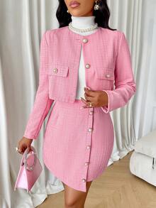 AIJ Amarilo Women's Autumn/Winter Tweed Button-Up Short Jacket And Button Mini Skirt 2 Pieces Set - Pink - View 4
