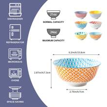 6pcs Set, 24 Oz Deep Ceramic Bowls - 6 Inch Assorted Color Porcelain Soup And Cereal Bowls For Pasta, Salad, Dessert, Rice, Noodles - Microwave, Oven, Dishwasher Safe - Ideal For Daily Use, Kitchen, Christmas, Weddings, Housewarmings - 彩色 - 查看 3