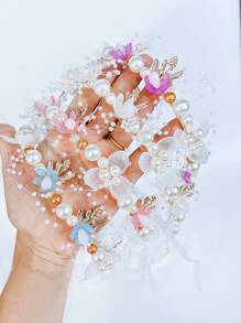 1 件儿童花环头饰公主仿珍珠丝带女孩发饰生日派对婚礼表演花童森系超级仙女配饰，适合圣诞节 - 粉色 - 查看 3