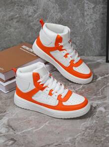 Women High Top Lace Up Sport Sneakers, White Orange Color Block Skateboard Shoes, Outdoor Casual Shoes, Breathable Comfortable Boots, Christmas Gift - 白桔 - 查看 3