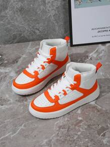 Women High Top Lace Up Sport Sneakers, White Orange Color Block Skateboard Shoes, Outdoor Casual Shoes, Breathable Comfortable Boots, Christmas Gift - 白桔 - 查看 5