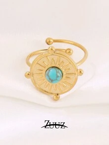 1pc Stainless Steel Ladies' Ring Geometric Circle 18k Gold Plated Blue Natural Turquoise Chain Style Turquoise Decor Cuff Ring Jewelry Best Friends Gifts