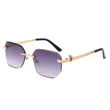 1pc Rimless Curved Rectangle Sunglasses With Tinted Square Lenses For Women And Men, Y2K Retro Geometric Shades. Perfect For Streetwear Looks, Summer Styling, Vacation Outfits, Music Festivals, And Casual Outdoor Wear - 紫色 - 查看 2