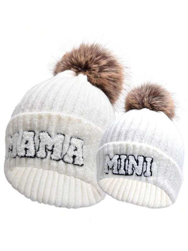 1set Letter Print Parent-Child Knitted Ball Hat For Autumn And Winter