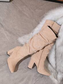 Timesize Go With Leggings,Nude Over-The-Knee Boots, Beige Thigh-High Boots, Denim Boots, Platform Boots, Women Winter Wedding Shoes, Thick Heel High-Top Boots