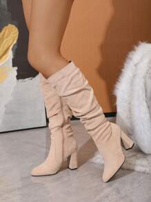 Timesize Go With Leggings,Nude Over-The-Knee Boots, Beige Thigh-High Boots, Denim Boots, Platform Boots, Women Winter Wedding Shoes, Thick Heel High-Top Boots