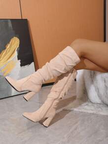 Timesize Go With Leggings,Nude Over-The-Knee Boots, Beige Thigh-High Boots, Denim Boots, Platform Boots, Women Winter Wedding Shoes, Thick Heel High-Top Boots