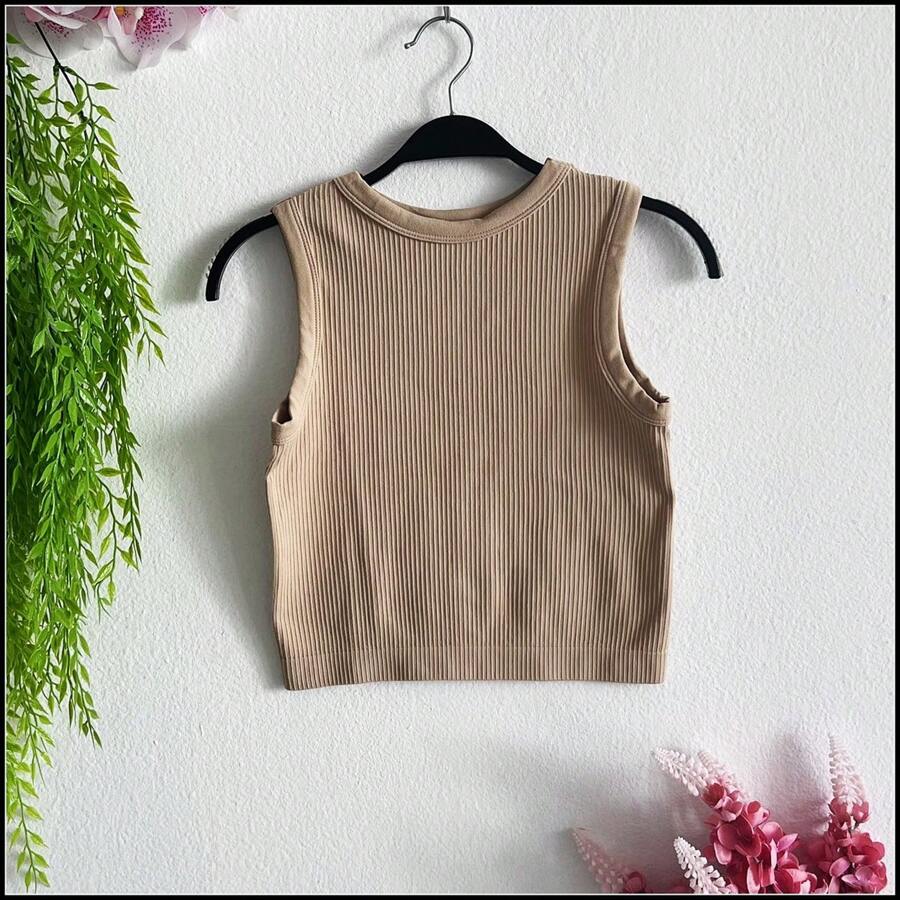 Ribbed Tank Top Women White 2024 Summer Casual Fitness Short Vest Candy Colos Knitted Off Shoulder - 卡其色 - 查看 1