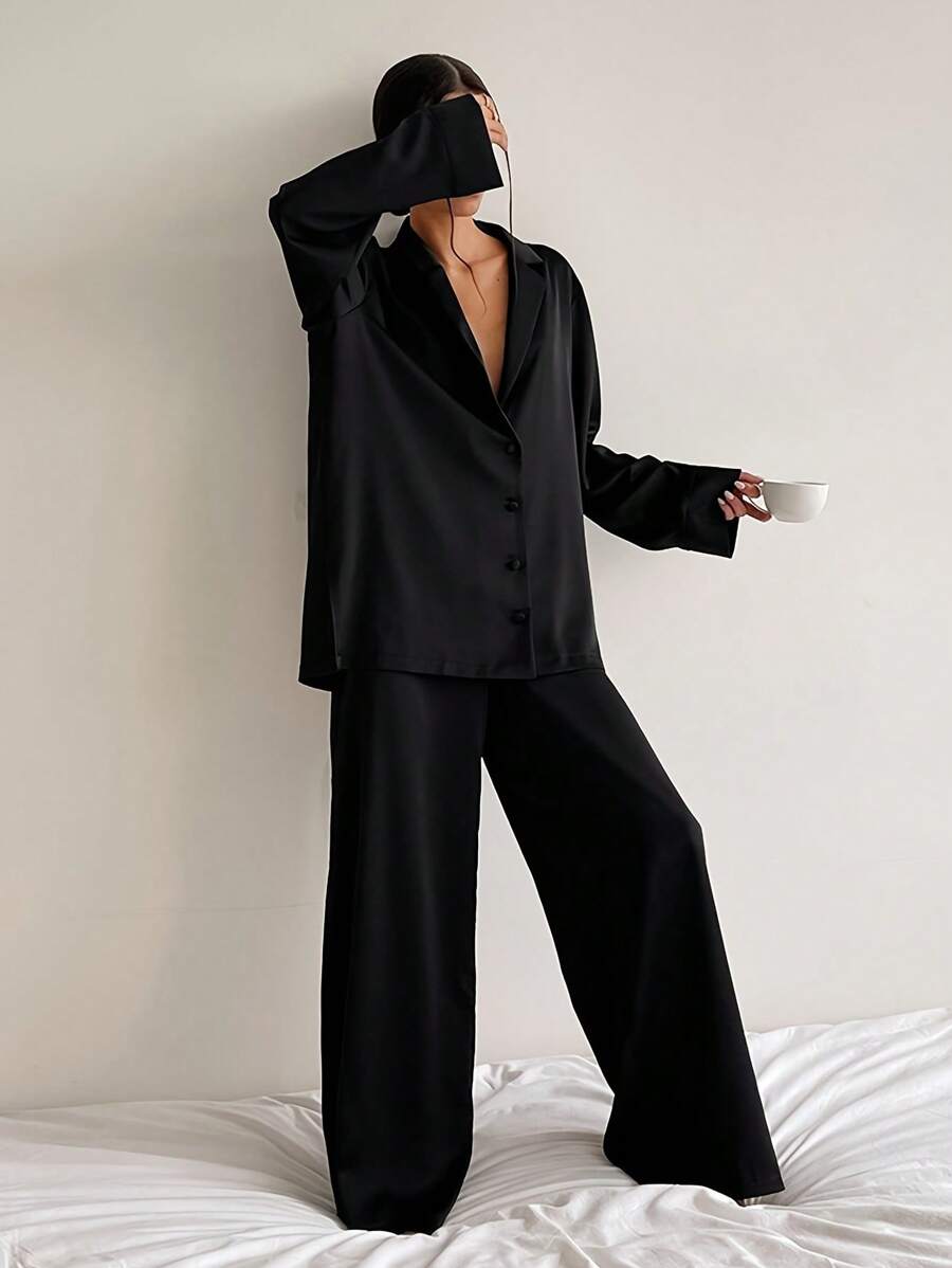 Solid Color Thin Ladies Home Imitation Silk Pajamas Ladies Winter Ice Silk Loose Can Be Worn Outside - màu đen - Xem 1