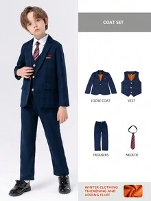 4pcs/Set Young Boys Flannel Suit Set: Flannel Jacket, Flannel Vest, Flannel Pants And Bow Tie, Winter Formal Wear For Performance, Party, Wedding, Stage - Navy Blue - View 4