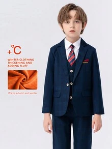 4pcs/Set Young Boys Flannel Suit Set: Flannel Jacket, Flannel Vest, Flannel Pants And Bow Tie, Winter Formal Wear For Performance, Party, Wedding, Stage - Navy Blue - View 3