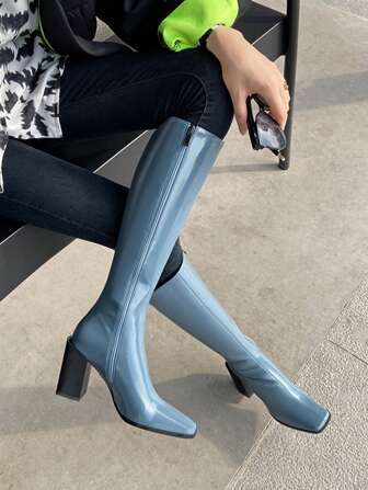 Square Toe Knee High Boots, European Station Autumn/Winter New Patent Leather Equestrian Boots, High Heel Over The Knee Slim Skinny Boots For Women,Party