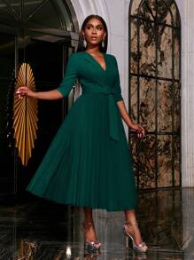 Faeriesty Elegant Surplice Neck Belted Cocktail Dress Midi Dress Party Dress Wedding Guest Dress Formal Dress Evening Dress,Gown - Dark Green - View 4