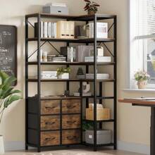 7 Tier Bookshelf With 6 Fabric Drawers, Convertible Corner Bookcase - màu nâu - Xem 5