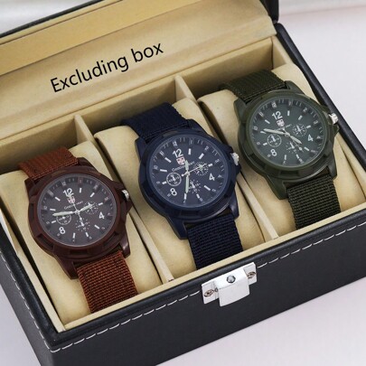 3-Piece Fashionable, Casual And Versatile Men's Nylon Strap Quartz Watch Combination Set Is Suitable For Daily Matching And Is An Ideal Choice For Gift Giving