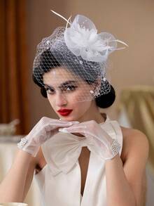 7pcs Fascinator Hat Feather Derby Tea Party Hat With Lace Gloves Faux Pearl Necklace Bracelet Wedding Veil Accessories Costume Set For Women Halloween - White - View 4