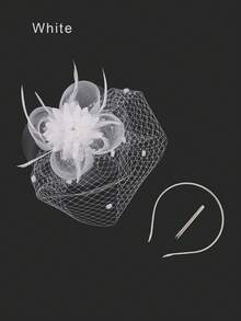 7pcs Fascinator Hat Feather Derby Tea Party Hat With Lace Gloves Faux Pearl Necklace Bracelet Wedding Veil Accessories Costume Set For Women Halloween - White - View 7