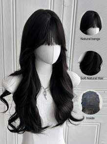 Peluca negra con flequillo, peluca larga y ondulada para mujeres, 24 pulgadas de apariencia natural, resistente al calor, pelucas sintéticas realistas para uso diario y de fiesta - Negro - Ver 5