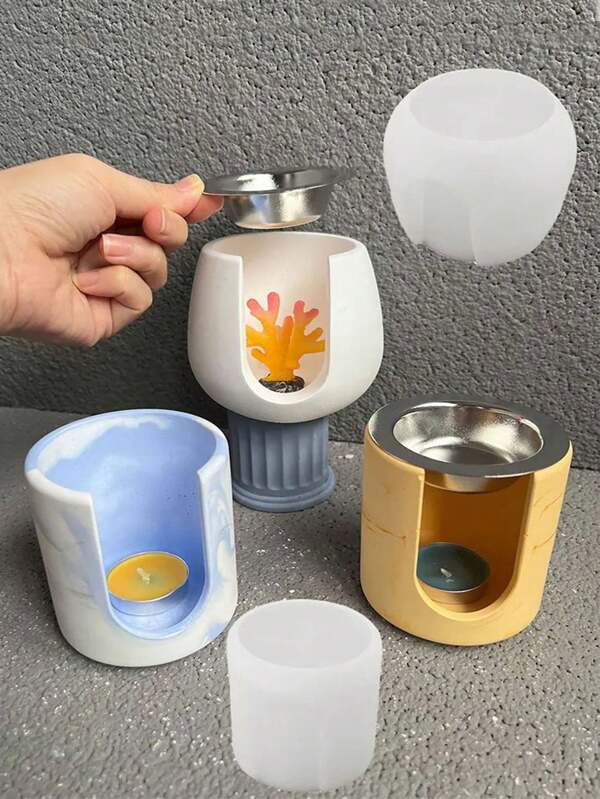 1 pieza Molde de vela de aceite esencial de forma redonda, quemador grande de cera para difusor de aromaterapia, recipiente hecho a mano para inciensos, decoración del hogar, y 2 piezas Moldes de silicona para macetas de piedra de hormigón, yeso y cultivo hidropónico