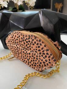 Small Leopard Zebra Animal Print Zipper Blogger Minimalist Crossbody Bag Chain Strap - 摩卡棕 - 查看 3