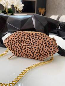Small Leopard Zebra Animal Print Zipper Blogger Minimalist Crossbody Bag Chain Strap - 摩卡棕 - 查看 4