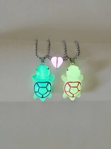ATLVXJL 2pcs/Set Glow In The Dark Heart Pendant Necklace, Cute Turtle Cartoon Animal Shape, Heart Design, Stainless Steel Chain, Valentine's Day, Halloween, Mother's Day Gift - Multicolor - View 1