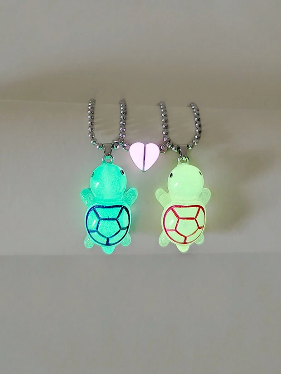 ATLVXJL 2pcs/Set Glow In The Dark Heart Pendant Necklace, Cute Turtle Cartoon Animal Shape, Heart Design, Stainless Steel Chain, Valentine's Day, Halloween, Mother's Day Gift - Multicolor - View 1