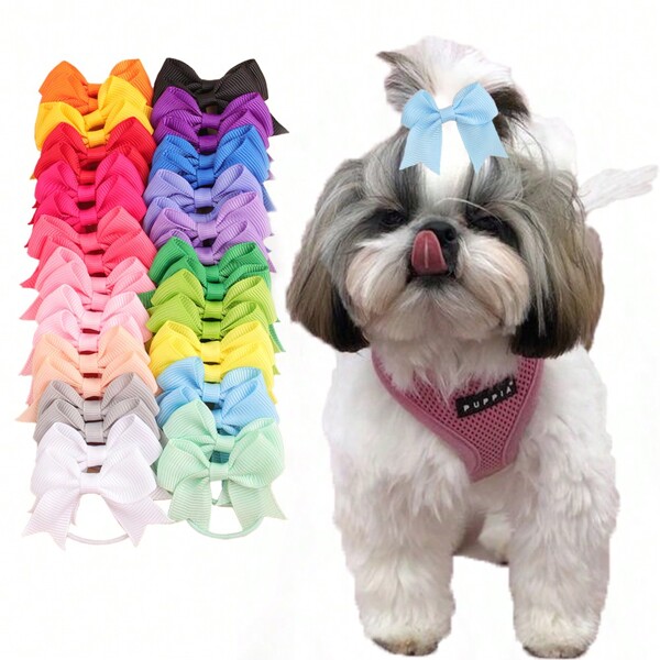 40pcs Mini Cute Colorful Ribbon Hair Bows For Dogs And Cats,Solid Color Bow Hair Ties,Puppy Dog Bows,Yorkie Dog Hair Ribbons,Pet Hair Grooming,Pet Hair Accessories.