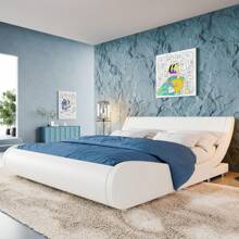 Allewie Upholstered Full/Queen/King Size Platform Bed Frame Modern Low Profile Sleigh Bed With Faux Leather Adjustable Headboard, Wood Slat Support, Easy Assembly, No Box Spring Needed, Black/White/Black And White * Bed Frame Queen Queen Bed Frame Bed Frame Full Full Size Bed Frame King Size Bed Frame Twin Bed Frame Room Decor Home Decor Christmas Decor Bedroom Decor Valentine Day Decor Storage Living Room Decor Furniture House Decor - 白色 - 查看 1