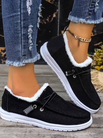 Low-Top Canvas Flat Heel Casual Sneakers, Warm Lace-Up Flat Snow Boots For Women, Thermal Lined Fluffy Shoes