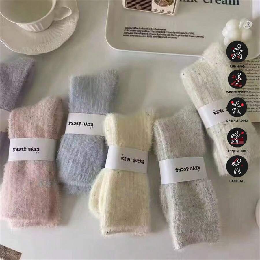 6 Pairs Women Mink Velvet Socks, Warm Thick Crew Socks, Solid Color, Winter - Multicolor - View 1