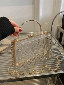 1 件新款防水假日沙滩包，优雅通勤裂纹纹理透明手提包，时尚硬壳盒式手拿包配金属链带，女士礼物，派对化妆口红收纳袋，礼品包装纪念品盒 - 無色 - 查看 9